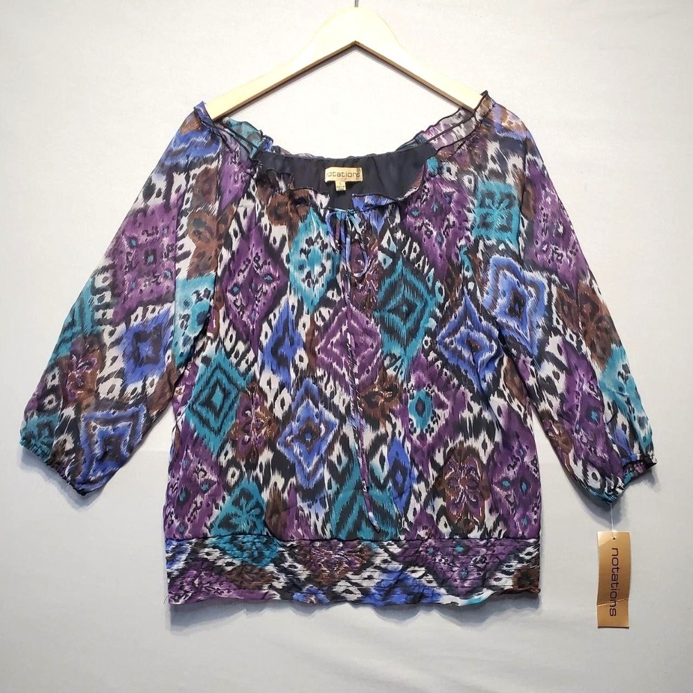 NWT Notations Blouse Womens Small Purple‎ Ikat Sheer Chiffon Boho Festival Top